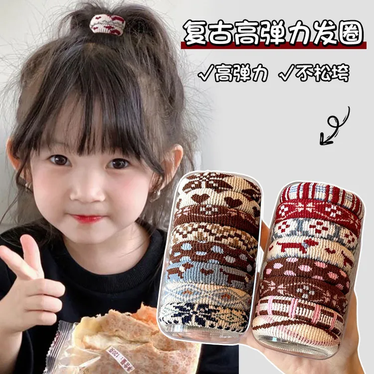 韩版儿童秋冬复古费尔岛风毛巾圈高弹扎马尾皮筋女童发圈耐用头绳