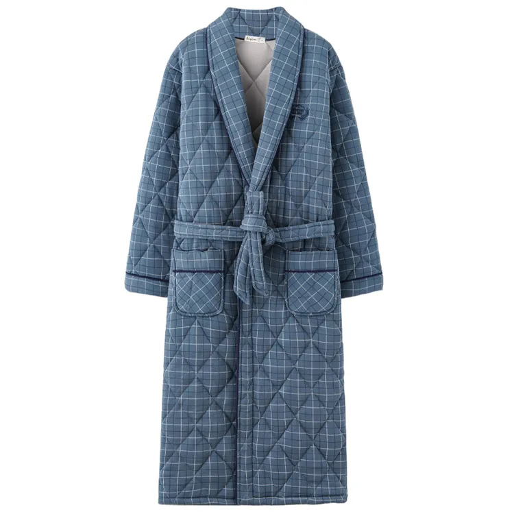 冬季100%棉男士睡袍三层加厚浴袍加厚保暖睡衣纯棉夹棉冬款加大码