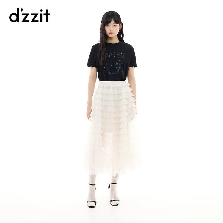 dzzit地素半身裙25夏新款少女蕾丝荷叶边网纱长裙蛋糕裙3J2S4159B