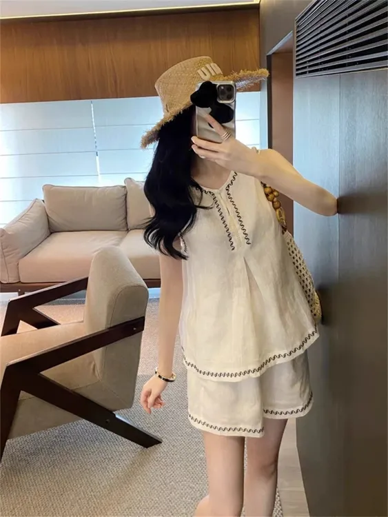 圆领衬衫上衣+短裤两件套女2025夏季新款休闲民族风无袖套装