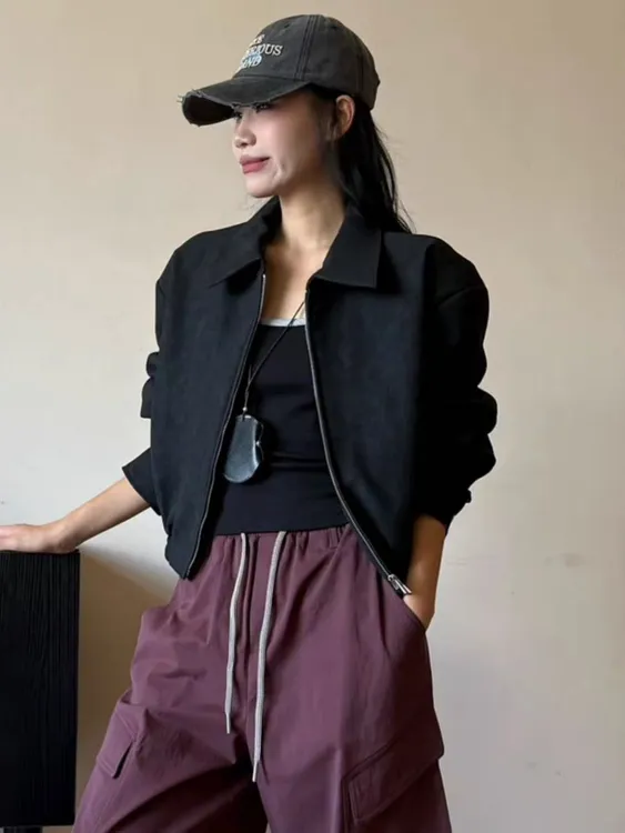 女韩版ins短皮衣外套短款秋季设计感百搭休闲通勤时尚磨砂皮衣