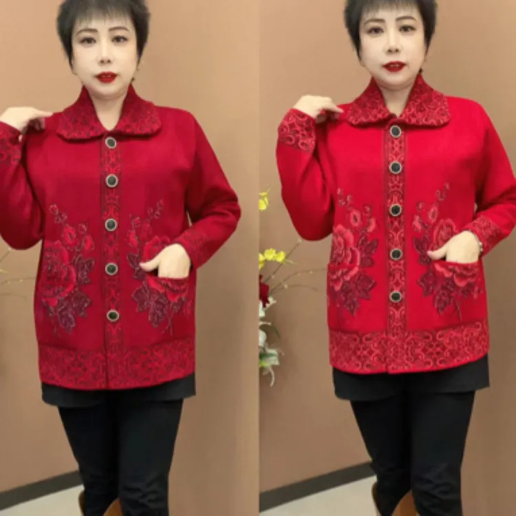 AL001新款针织方领短索开衫时尚洋气妈妈衫