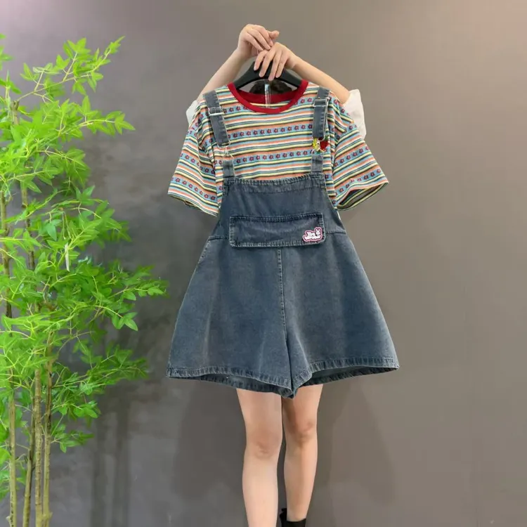 欧货新款减龄耳朵牛仔背带裤+甜美短袖两件套女夏季宽松大码女装