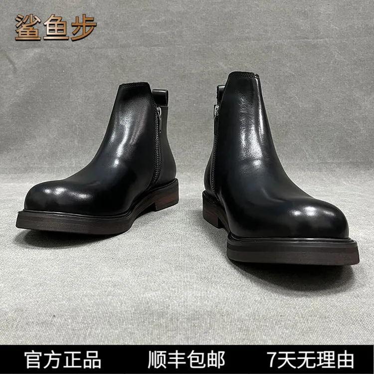 鲨鱼步切尔西靴男真皮英伦复古潮鞋圆头百搭拉链休闲皮靴黑色靴子