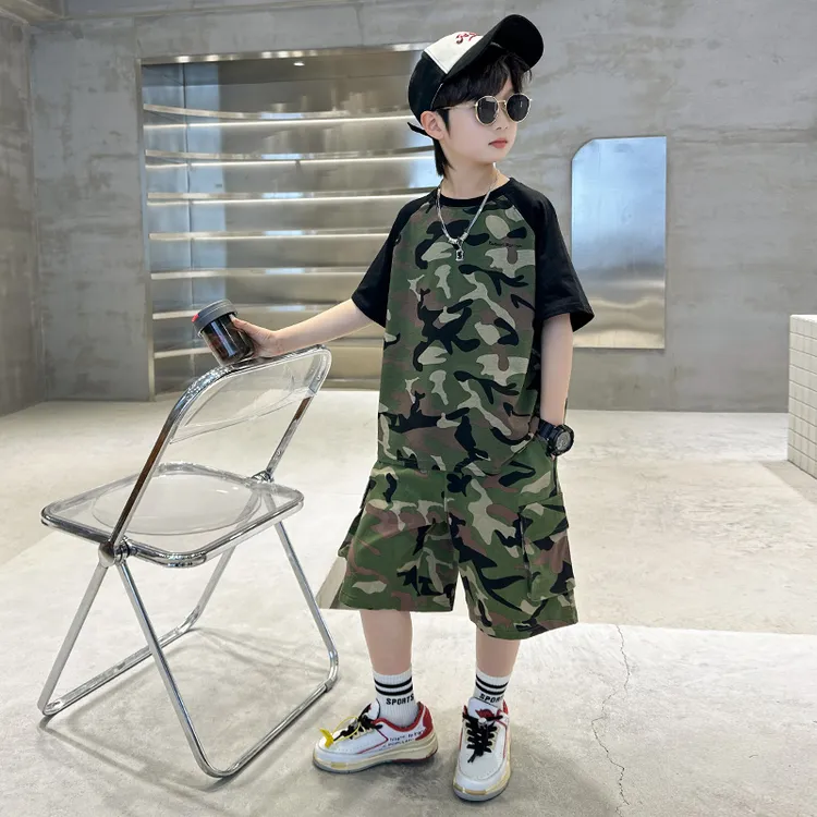 男童夏装迷彩短袖套装2025新款儿童夏季薄款6-12岁中大童时尚帅气
