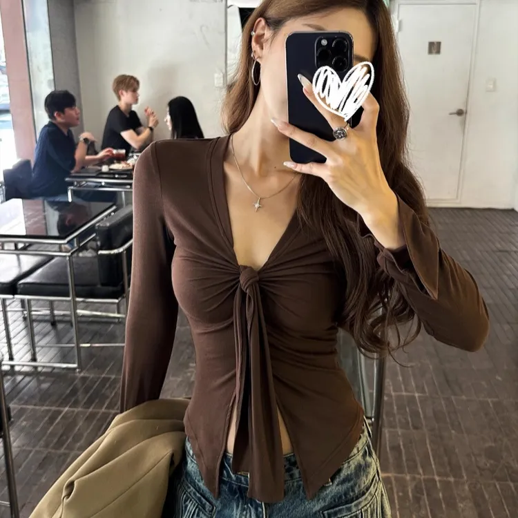 美式复古辣妹绑带长袖2025秋季新款修身内搭高级设计感显瘦上衣