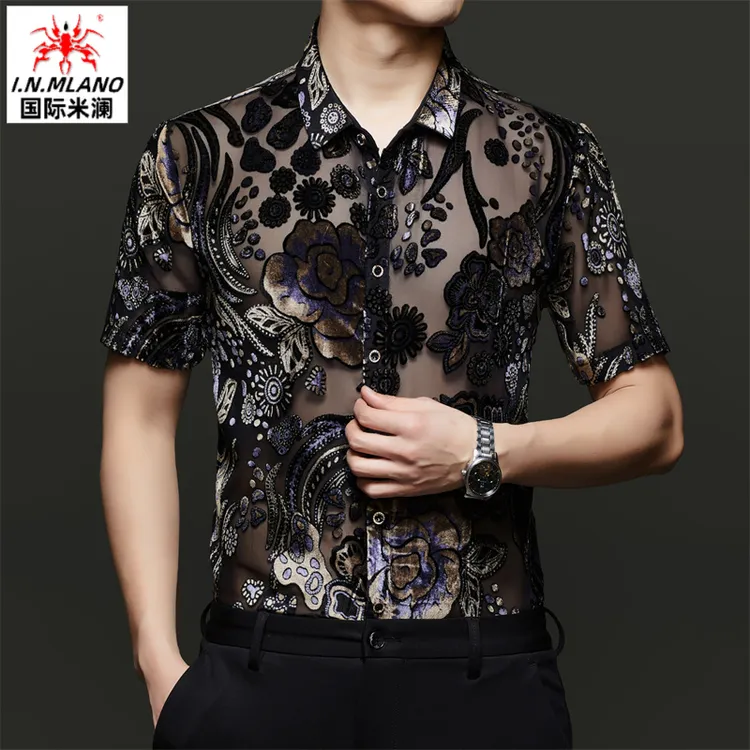【镂空透明花衬衫】个性时尚蕾丝男士夏季新款潮流薄款网纱短袖衬衣