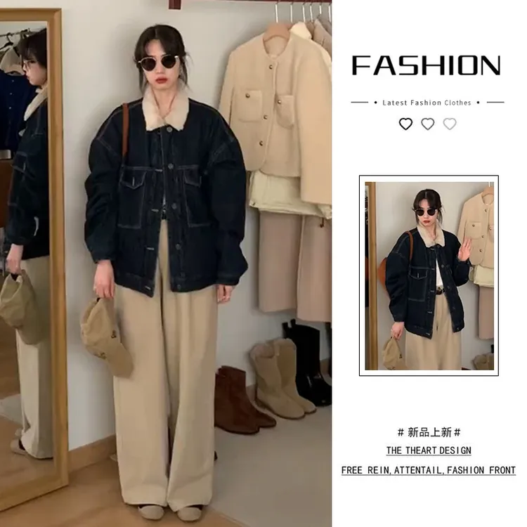 2025冬季新款加绒加厚牛仔外套棉服女新年港风复古设计感宽松上衣