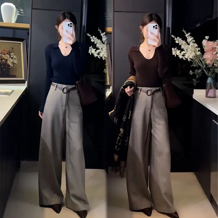 2025秋季新款设计感时尚套装百搭长袖针织上衣女休闲阔腿裤两件套