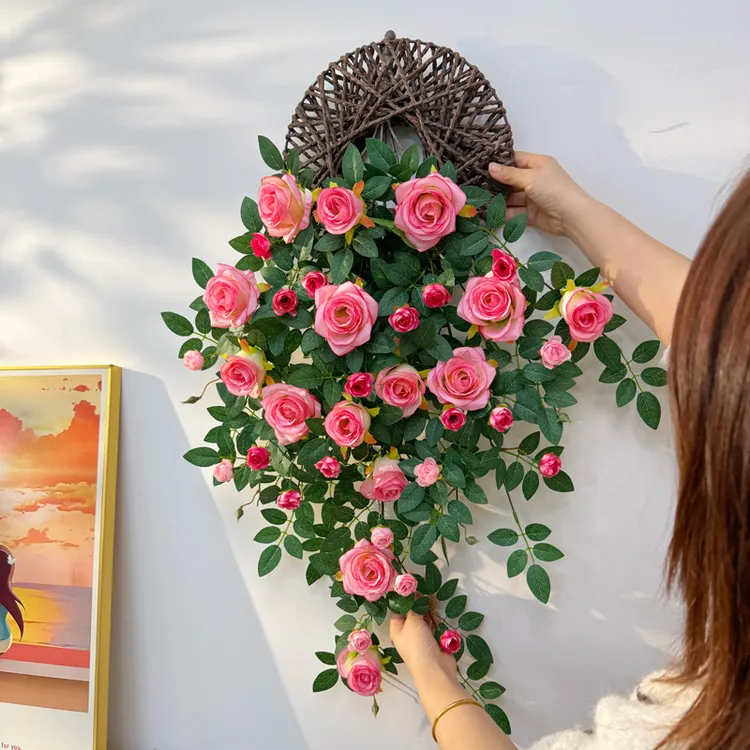 【送飞盘】高级仿真如意玫瑰花壁挂客厅室内墙面装饰吊兰小花墙打造