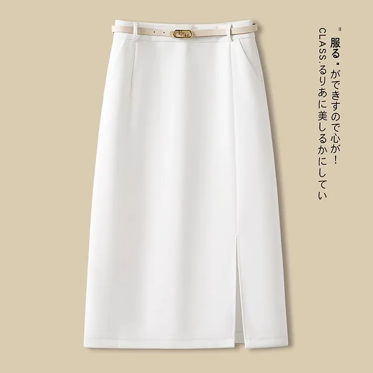 拉夏贝尔白色半身裙女秋季2025新款高腰西装裙中长开叉包臀a字裙