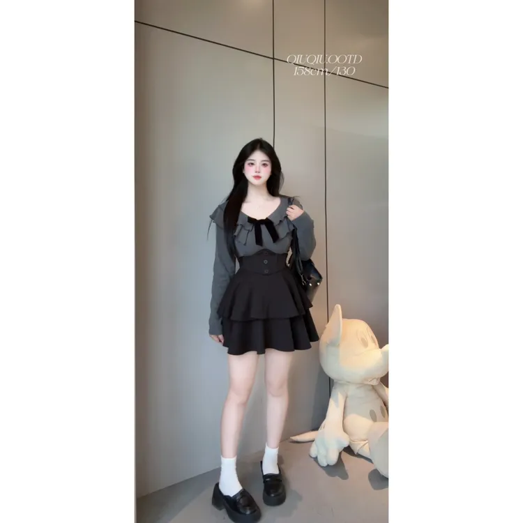 【焦糖巧克力】10587胖mm秋季时尚气质辣妹长袖套装高腰显瘦两件套