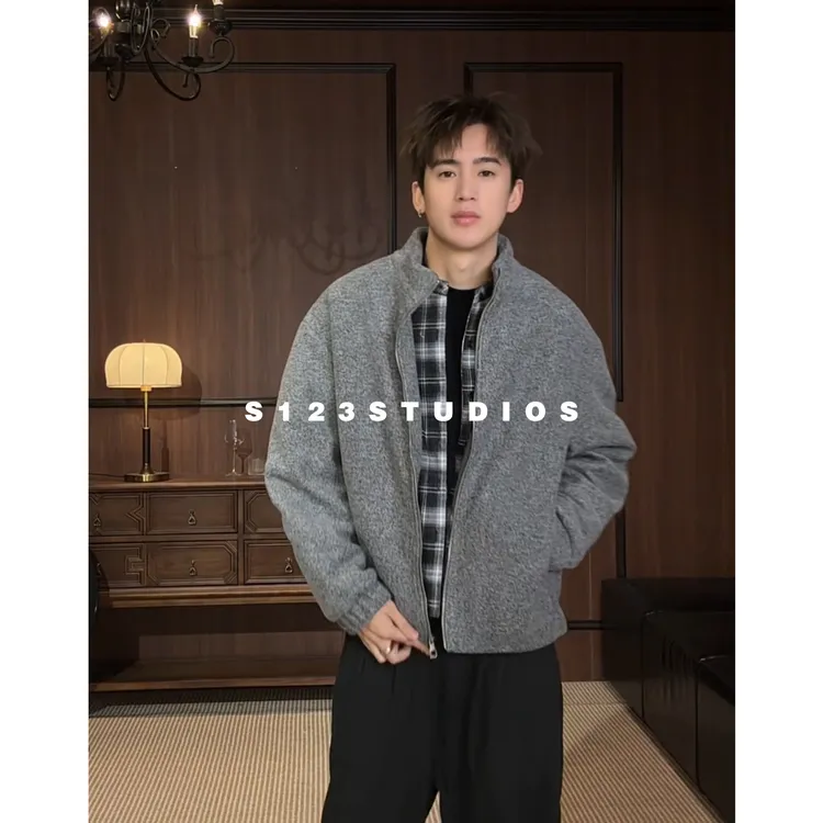 S123 90鸭绒 复古假两件立领羽绒服男冬季新款保暖夹克外套潮