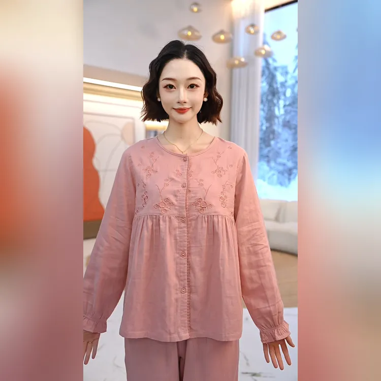 秋鹿梭织双层纱印花圆领长袖长裤女套睡衣