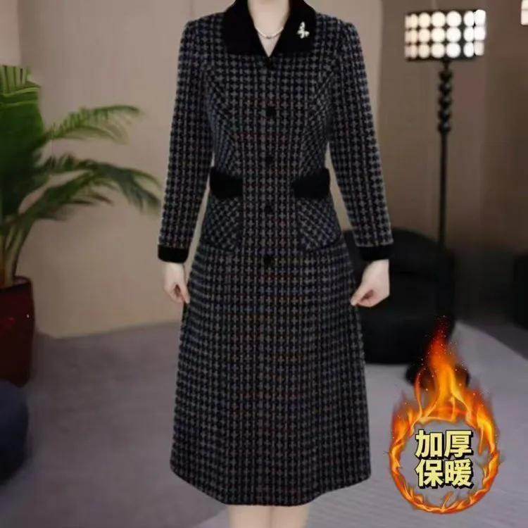 新款加厚保暖金貂混纺雪花绒毛呢气质韩版连衣裙显瘦洋气