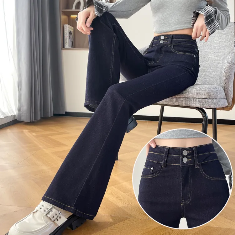 蜜蜜穿搭深蓝色紧身微喇牛仔裤女2025秋冬季双扣小个子马蹄喇叭裤
