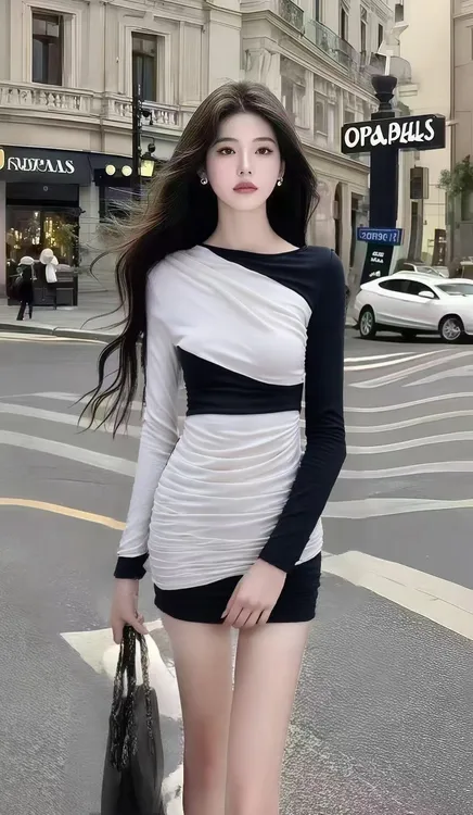 秋季新款时尚辣妹风黑白撞色褶皱圆领修身长袖收腰包臀连衣裙女