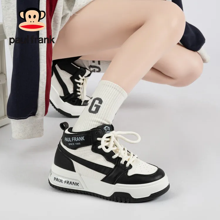 Paul Frank大嘴猴高帮板鞋女黑白撞色厚底潮鞋2025新款复古休闲鞋