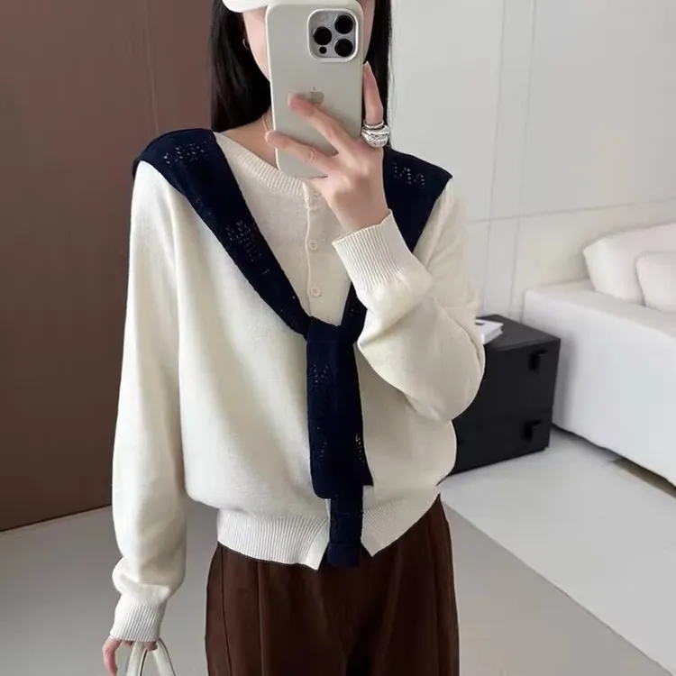 花倾慕韩系风长袖针织衫女秋季新款显瘦开衫配披肩两件上衣95531