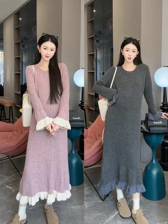 2025年孕妇装秋冬新款毛衣针织孕妇连衣裙花边坑条撞色宽松打底裙