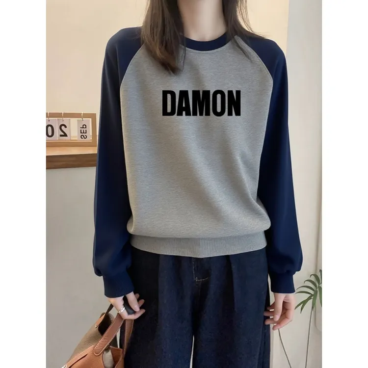 洋气插肩大码圆领卫衣女秋冬胖mm韩系时尚减龄宽松加绒加厚套头潮