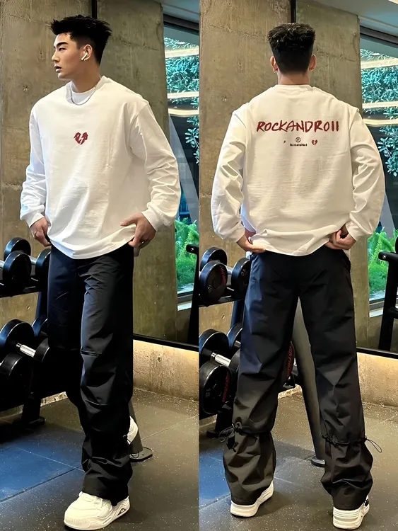 秋冬美式休闲长袖T恤百搭重磅纯棉宽松潮流高街情侣印花男上衣