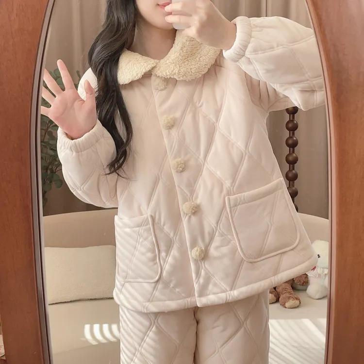 [6371粉] 三层夹棉睡衣长袖冬加厚冬季家居服套装甜美风韩版女士