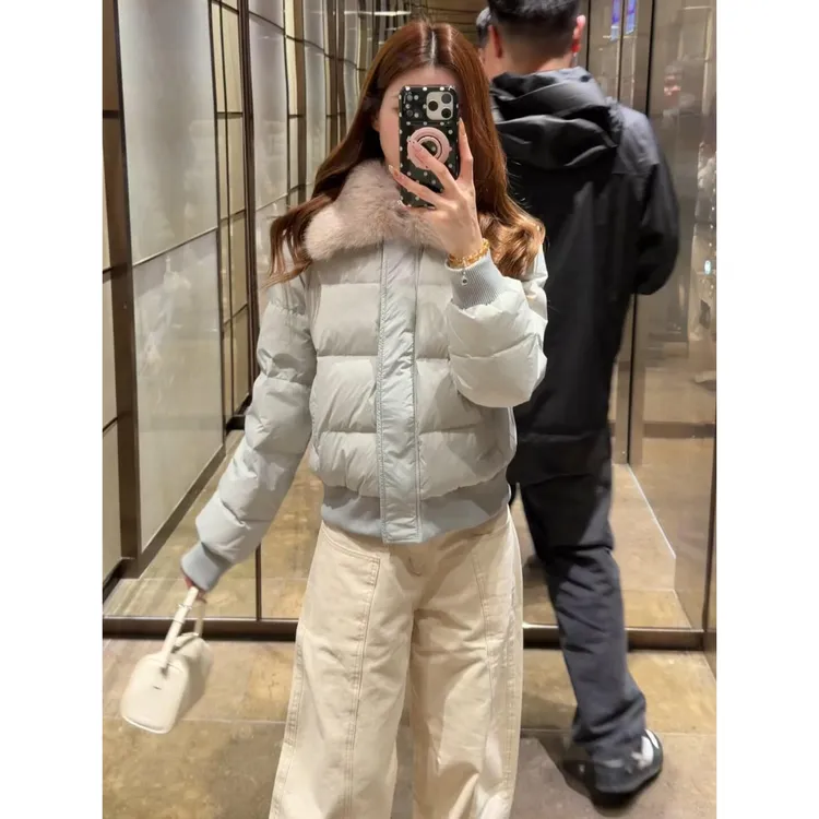 韩版烟灰色短款泡芙棉服女冬季2025新款可拆卸毛领保暖棉衣外套