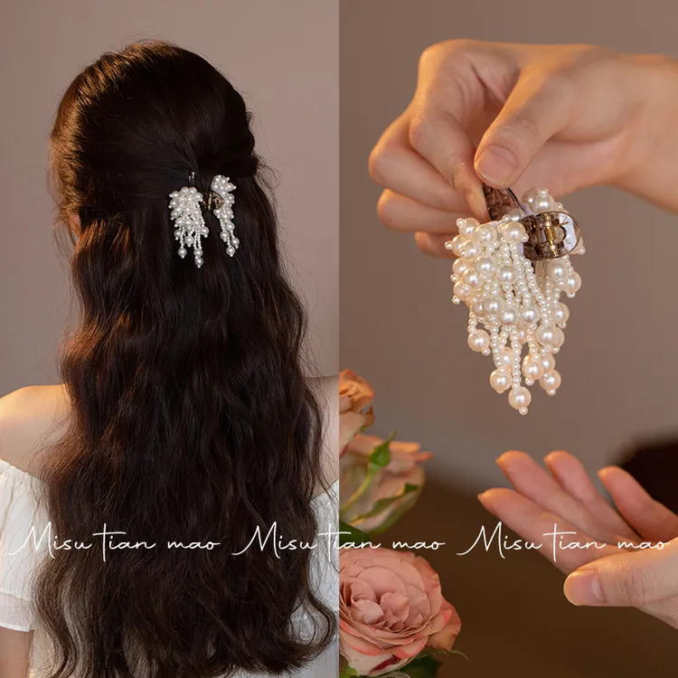 抓夹女新款高级感风情发夹后脑勺盘发小夹子头饰气质珍珠流苏发饰