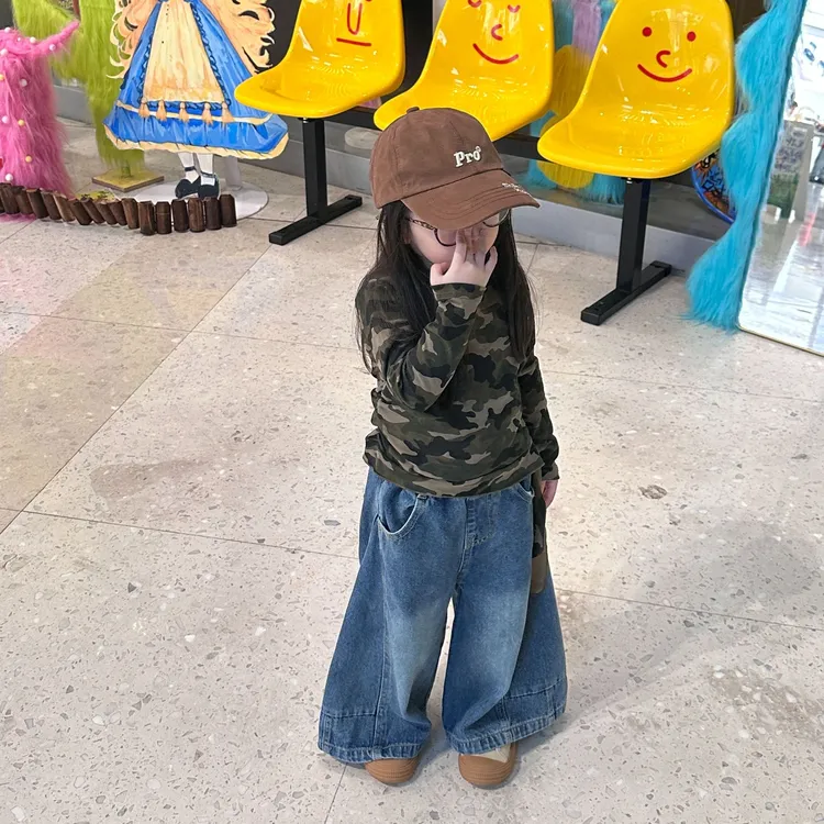 壹妈韩版童装女童时髦套装秋装洋气儿童迷彩t恤蓝色牛仔阔腿裤潮