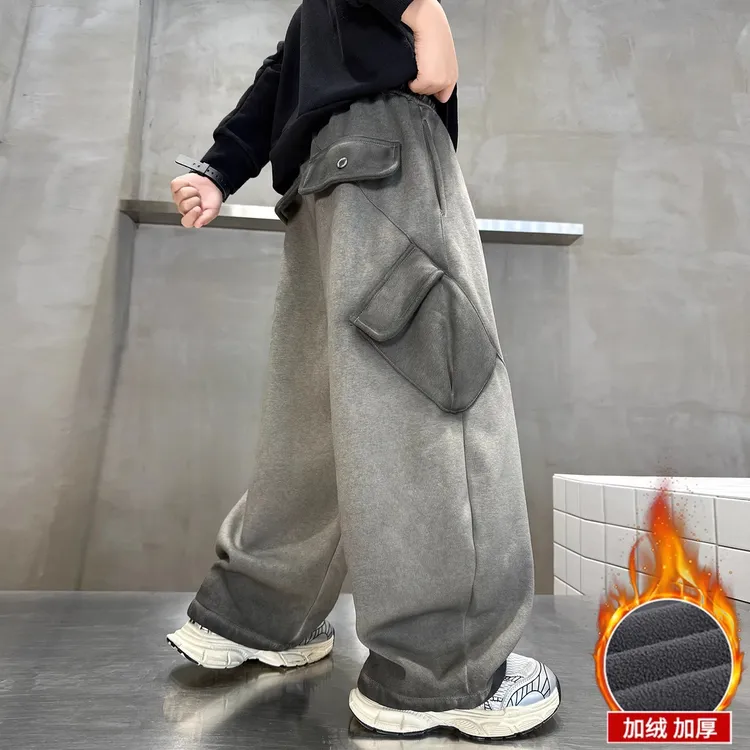 男童秋冬款裤子加绒加厚2025新款中大童冬季一体绒儿童渐变工装裤