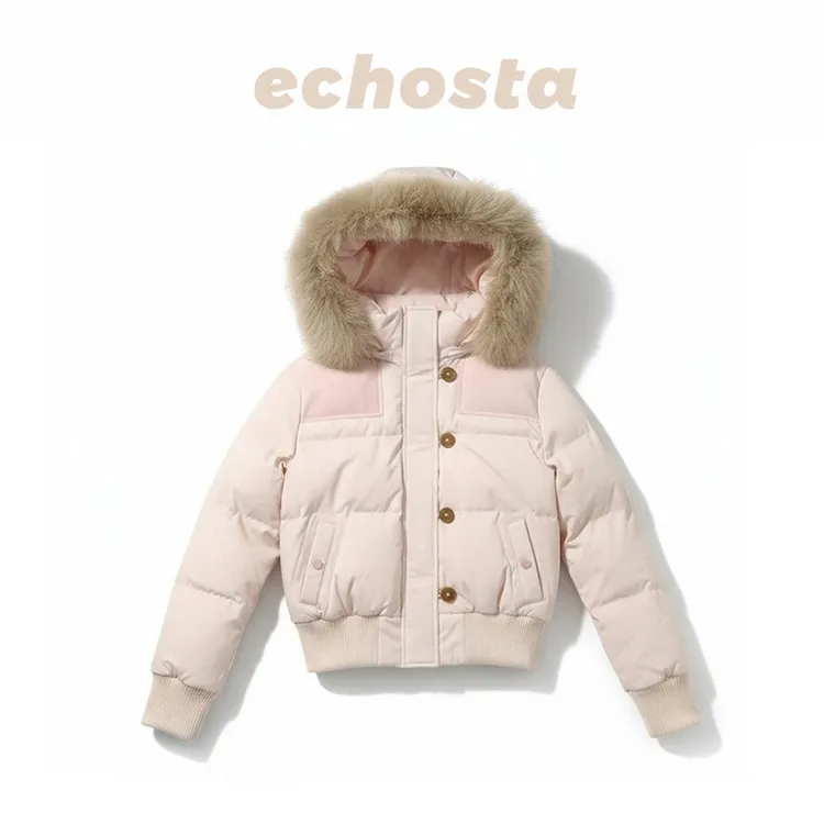 Echosta三色连帽毛领短款90白鸭绒蓬松羽绒服秋冬休闲保暖外套