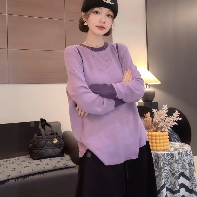 韩系撞色简约休闲针织衫女2025秋季新款大码胖MM小众洋气百搭上衣