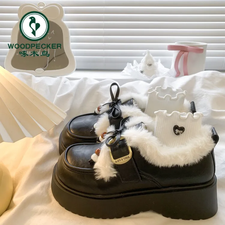 啄木鸟加绒小皮鞋女款2025秋冬新款厚底保暖毛毛棉鞋英伦风乐福鞋