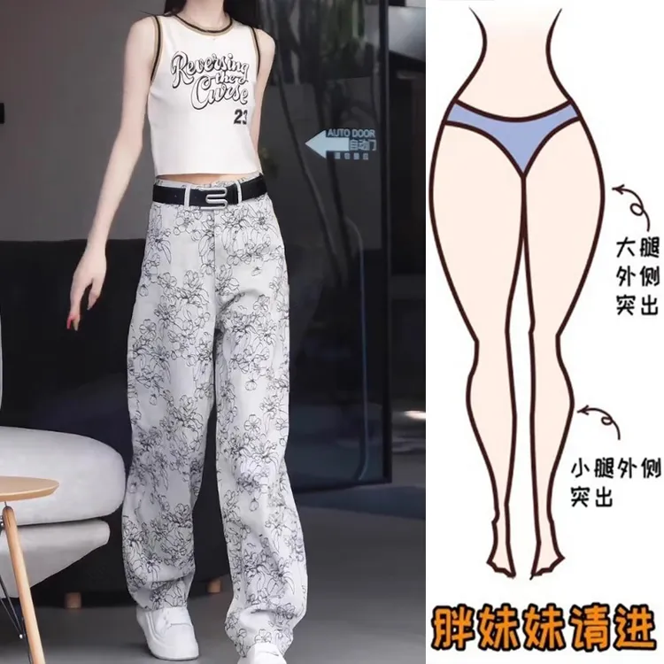 2025夏季薄款大码女装复古刺绣阔腿牛仔裤梨形身材高腰宽松拖地裤