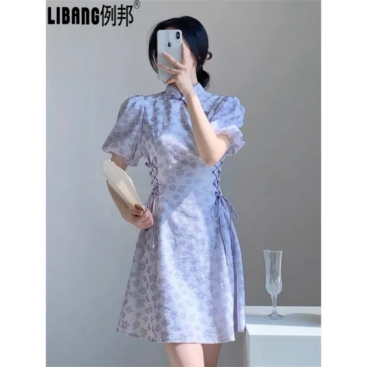 例邦时尚夏季新款改良旗袍裙显瘦气质少女风提花连衣裙紫色SMLXL