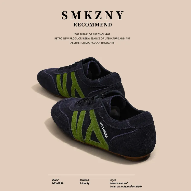 复古平底系带德训鞋欧美留学生秋季学院风灰绿拼色百搭洋气运动鞋