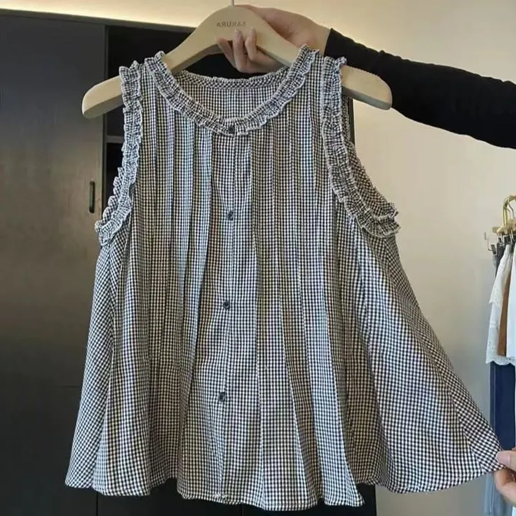 复古木耳花边格子压褶无袖背心衬衫女夏季甜美洋气减龄小个子上衣