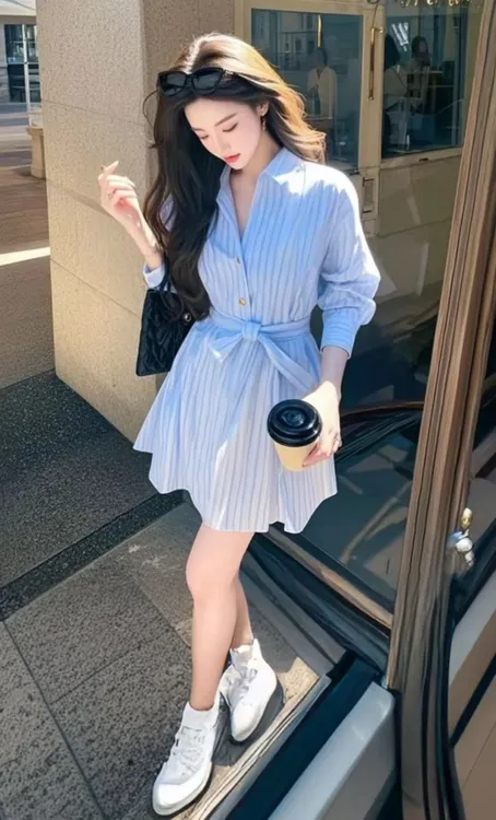 2025春装新款法式高级感小个子大方得体气质蓝色条纹衬衫连衣裙子