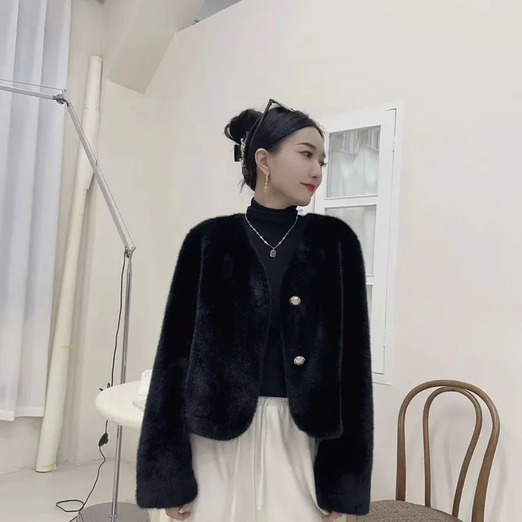 人造皮草 25轻奢小香风V领开衫秋冬防寒短款毛毛简约毛毛一体9872