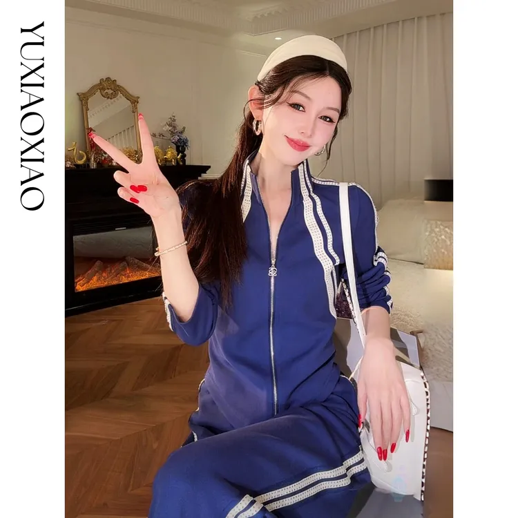 余潇潇【青春纪念册】时尚松弛立领织带拼精致烫钻上衣&休闲裤套装