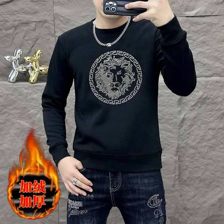 VARSACIVIP/瓦萨琪贵宾保暖加绒卫衣男秋冬圆领狮子修身潮流烫钻