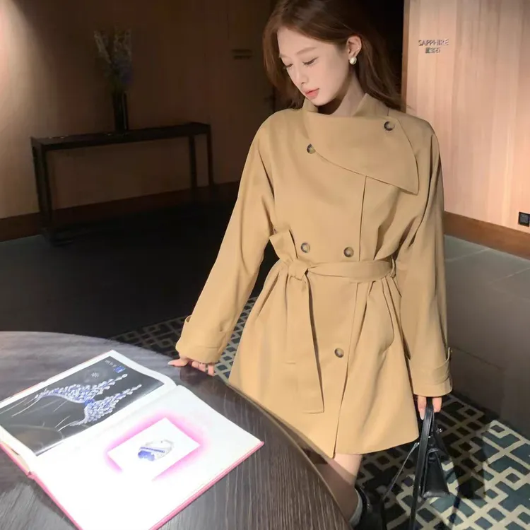 2025秋季新品千金风外套女双排扣韩版通勤小个子气质中长款风衣