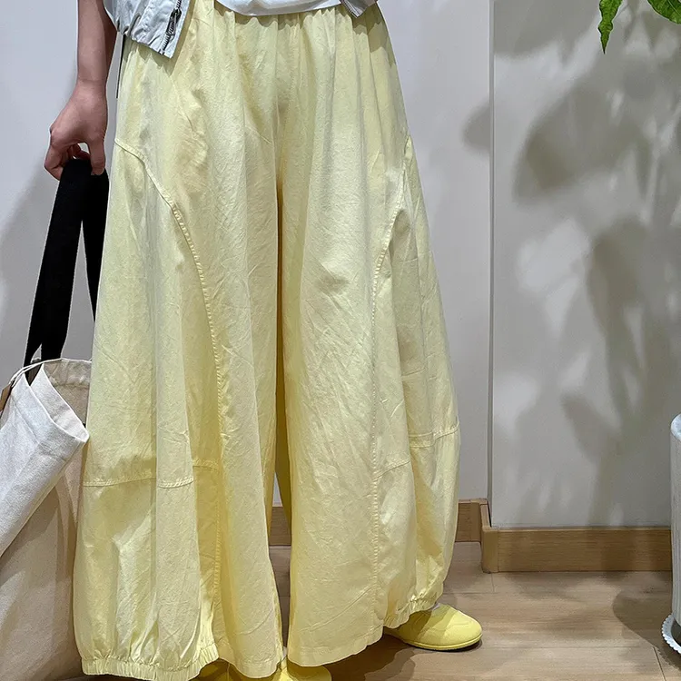 日系文艺黄色气球裤女夏季新款设计感半收脚松紧腰宽松大版灯笼裤