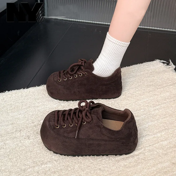 NY品牌复古德训鞋厚底系带勃肯鞋女2025秋季新款翻毛皮超火休闲鞋