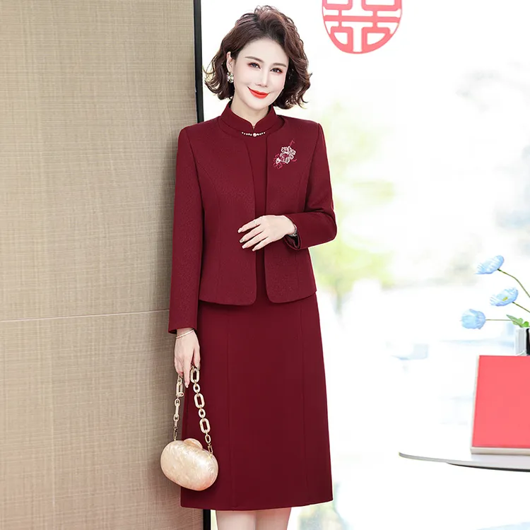 春秋喜婆婆婚宴装妈妈连衣裙两件套女中老年高贵结婚礼服旗袍裙子