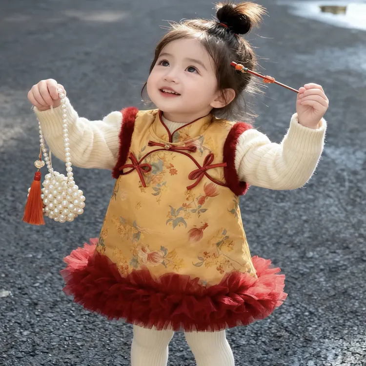 女童国风背心裙冬装2025新款周岁礼服小童女宝宝拜年服夹棉