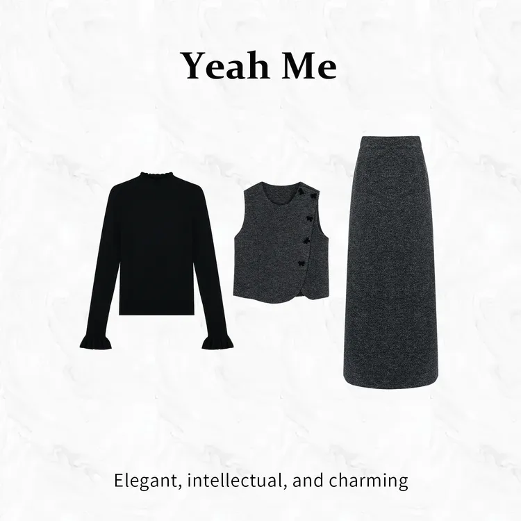 Yeah Me/也觅【冬语雾秋】秋冬新款简约风慵懒羊毛马甲半身裙套装女