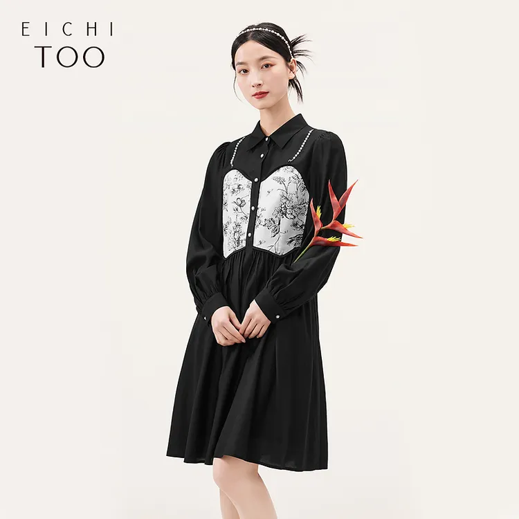 爱居兔时尚拼接设计感简约大方衬衫领连衣裙EQLCJ3N013A