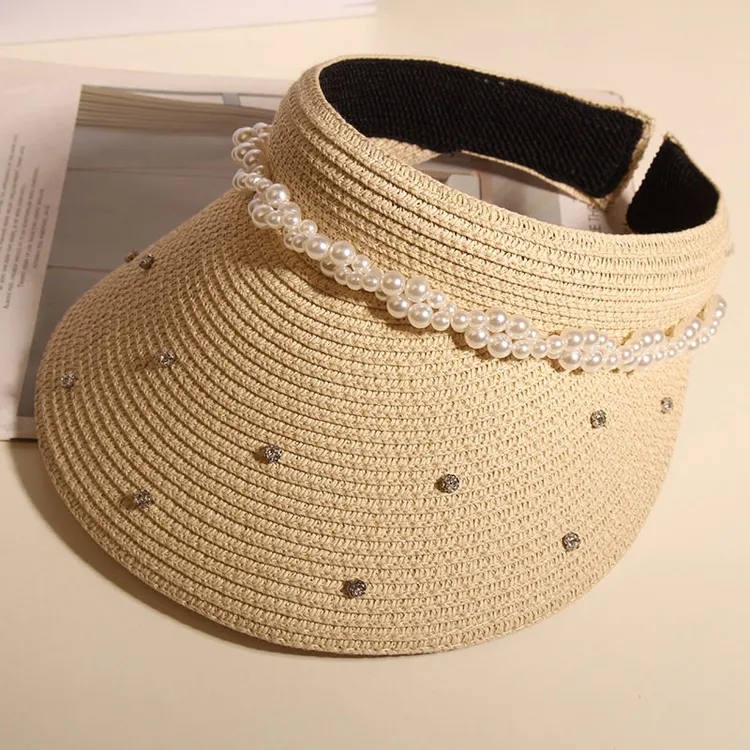 法式轻奢水钻珍珠空顶帽子女夏季透气无顶防晒遮阳帽大檐空顶草帽